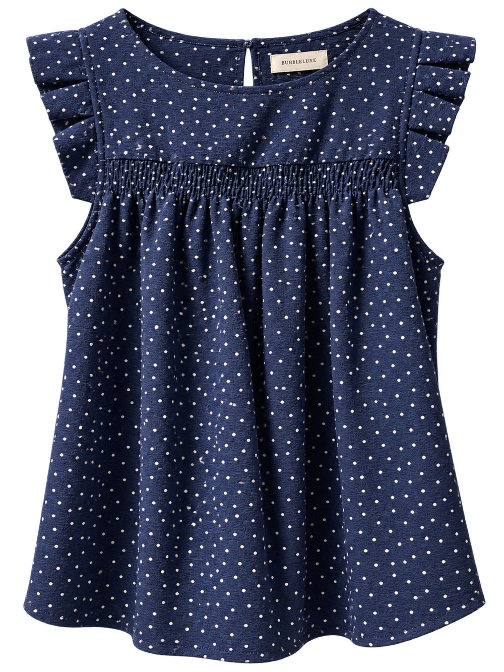 Monteau Navy and White Polka Dot Ruffle Sleeve Tank Top. PTP 16. Length 22